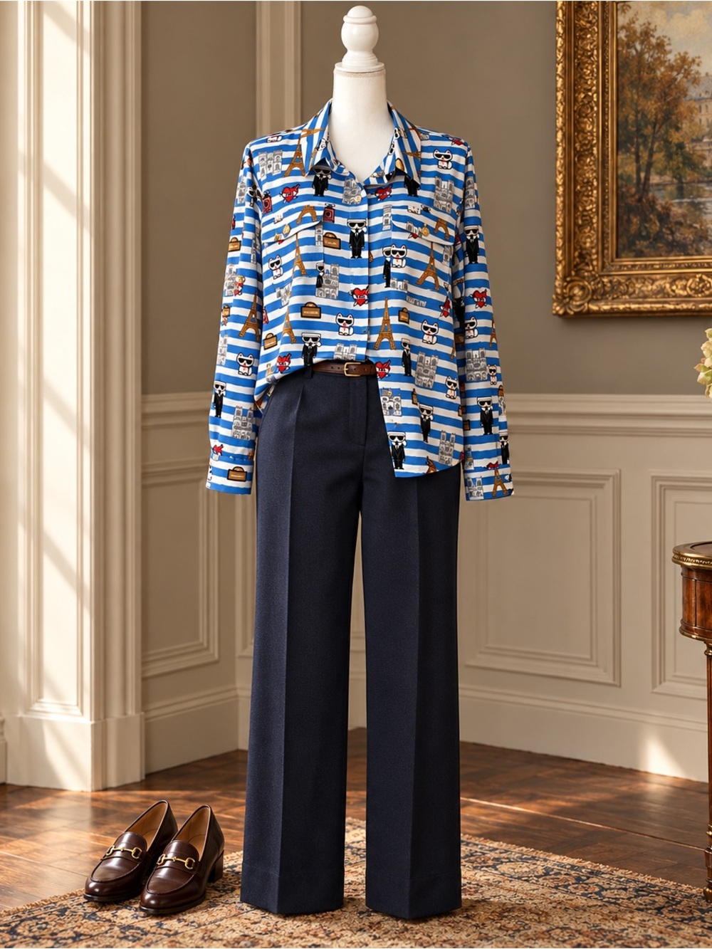 Karl Lagerfeld Paris Colorful Choupette Eiffel Towel Button Down Blouse 1x